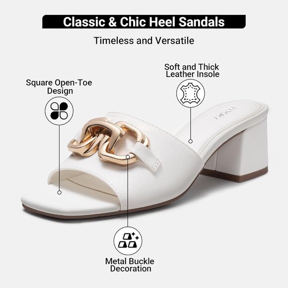 🆕Women's White Low Heel Sandals Chunky Block Square Open Toe Slides 2026 - Picture 2 of 6